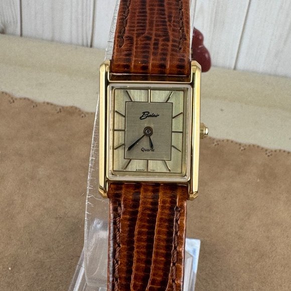 Vintage Ladies Belair Tank Watch 18 Karat Gold Plated New with Box NOS